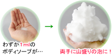 使用イメージ：わずか1mlのボディソープが → 両手で山盛りの泡に